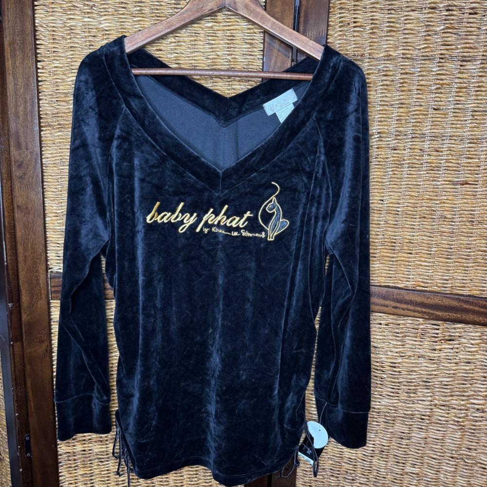 Y2K NWT Baby Phat Black Velour V-Neck Long Sleeve Embroidered Top 2X Cinch Sides